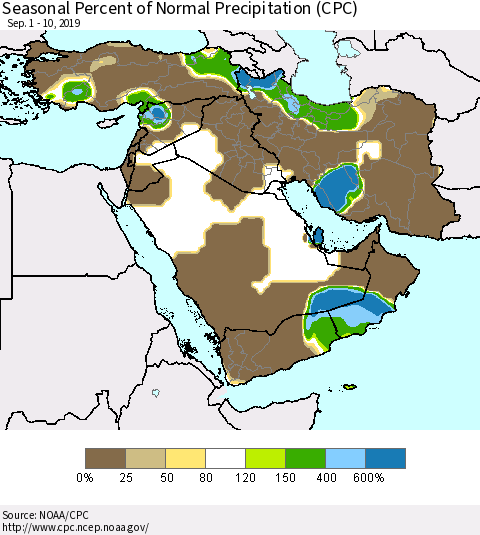 Middle East and Turkey Seasonal Percent of Normal Precipitation (CPC) Thematic Map For 9/1/2019 - 9/10/2019