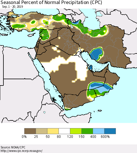 Middle East and Turkey Seasonal Percent of Normal Precipitation (CPC) Thematic Map For 9/1/2019 - 9/20/2019