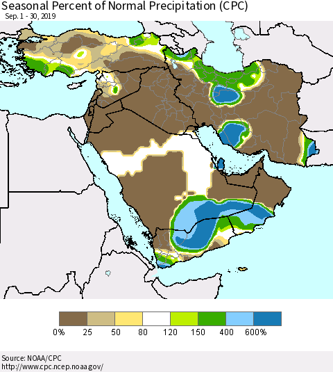 Middle East and Turkey Seasonal Percent of Normal Precipitation (CPC) Thematic Map For 9/1/2019 - 9/30/2019