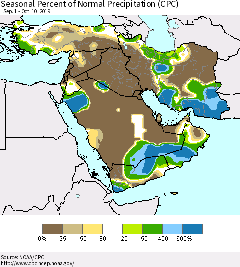Middle East and Turkey Seasonal Percent of Normal Precipitation (CPC) Thematic Map For 9/1/2019 - 10/10/2019