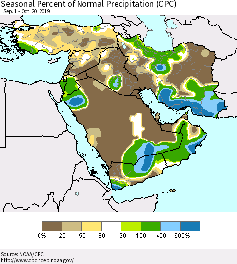 Middle East and Turkey Seasonal Percent of Normal Precipitation (CPC) Thematic Map For 9/1/2019 - 10/20/2019