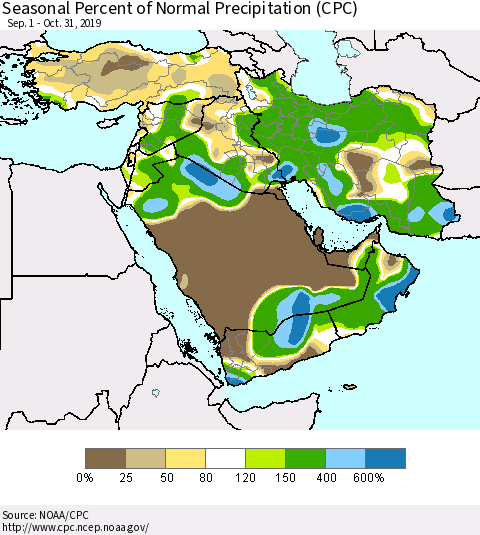 Middle East and Turkey Seasonal Percent of Normal Precipitation (CPC) Thematic Map For 9/1/2019 - 10/31/2019