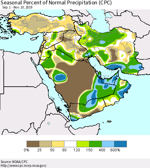 Middle East and Turkey Seasonal Percent of Normal Precipitation (CPC) Thematic Map For 9/1/2019 - 11/10/2019