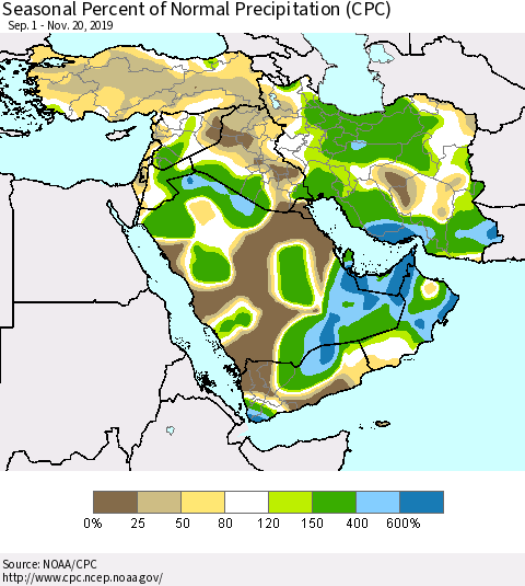 Middle East and Turkey Seasonal Percent of Normal Precipitation (CPC) Thematic Map For 9/1/2019 - 11/20/2019