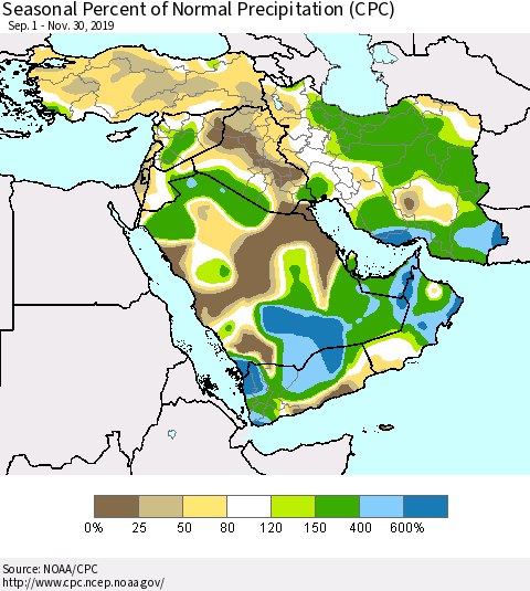 Middle East and Turkey Seasonal Percent of Normal Precipitation (CPC) Thematic Map For 9/1/2019 - 11/30/2019