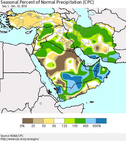 Middle East and Turkey Seasonal Percent of Normal Precipitation (CPC) Thematic Map For 9/1/2019 - 12/10/2019
