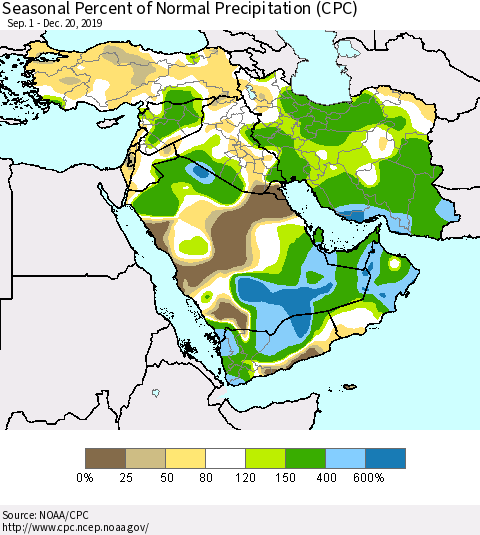 Middle East and Turkey Seasonal Percent of Normal Precipitation (CPC) Thematic Map For 9/1/2019 - 12/20/2019