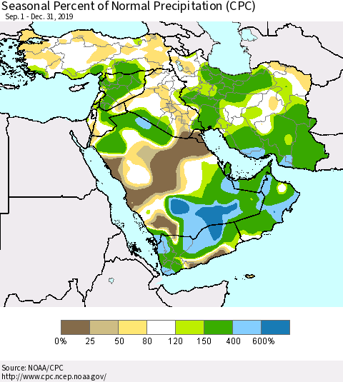 Middle East and Turkey Seasonal Percent of Normal Precipitation (CPC) Thematic Map For 9/1/2019 - 12/31/2019