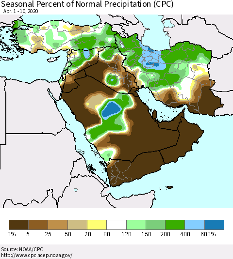 Middle East and Turkey Seasonal Percent of Normal Precipitation (CPC) Thematic Map For 4/1/2020 - 4/10/2020