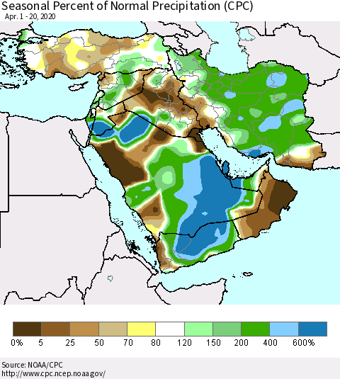 Middle East and Turkey Seasonal Percent of Normal Precipitation (CPC) Thematic Map For 4/1/2020 - 4/20/2020