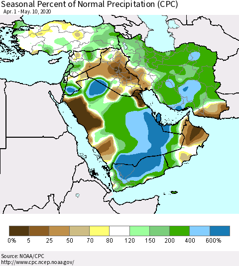 Middle East and Turkey Seasonal Percent of Normal Precipitation (CPC) Thematic Map For 4/1/2020 - 5/10/2020