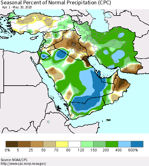 Middle East and Turkey Seasonal Percent of Normal Precipitation (CPC) Thematic Map For 4/1/2020 - 5/20/2020