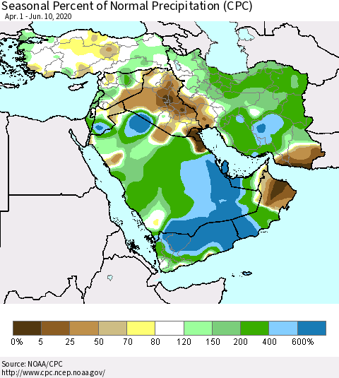 Middle East and Turkey Seasonal Percent of Normal Precipitation (CPC) Thematic Map For 4/1/2020 - 6/10/2020