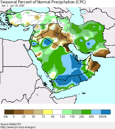 Middle East and Turkey Seasonal Percent of Normal Precipitation (CPC) Thematic Map For 4/1/2020 - 6/20/2020