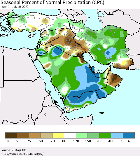 Middle East and Turkey Seasonal Percent of Normal Precipitation (CPC) Thematic Map For 4/1/2020 - 7/10/2020