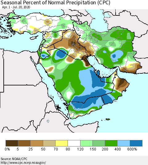 Middle East and Turkey Seasonal Percent of Normal Precipitation (CPC) Thematic Map For 4/1/2020 - 7/20/2020