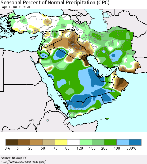 Middle East and Turkey Seasonal Percent of Normal Precipitation (CPC) Thematic Map For 4/1/2020 - 7/31/2020