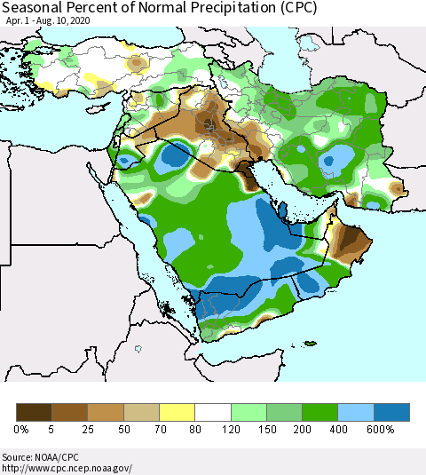 Middle East and Turkey Seasonal Percent of Normal Precipitation (CPC) Thematic Map For 4/1/2020 - 8/10/2020