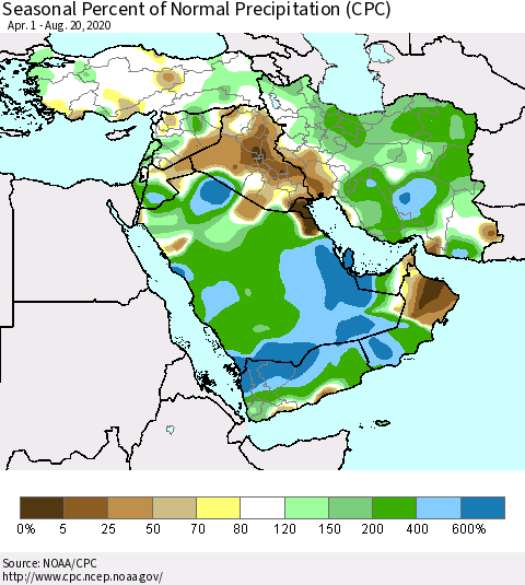 Middle East and Turkey Seasonal Percent of Normal Precipitation (CPC) Thematic Map For 4/1/2020 - 8/20/2020