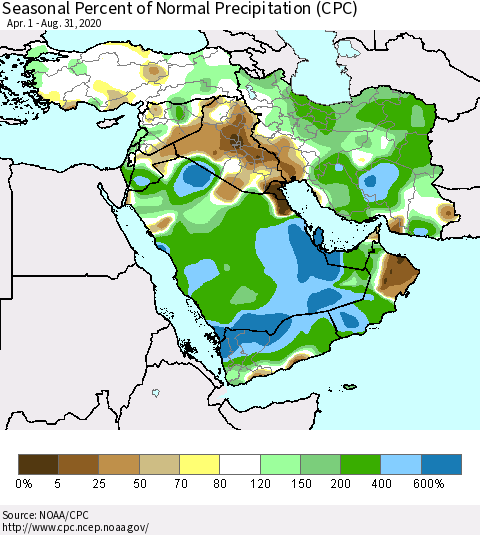 Middle East and Turkey Seasonal Percent of Normal Precipitation (CPC) Thematic Map For 4/1/2020 - 8/31/2020