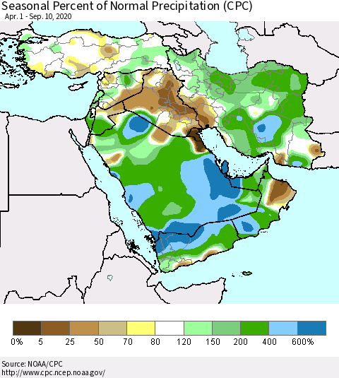Middle East and Turkey Seasonal Percent of Normal Precipitation (CPC) Thematic Map For 4/1/2020 - 9/10/2020