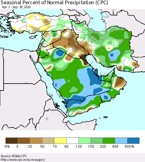 Middle East and Turkey Seasonal Percent of Normal Precipitation (CPC) Thematic Map For 4/1/2020 - 9/30/2020