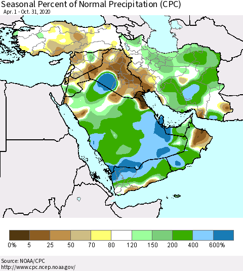 Middle East and Turkey Seasonal Percent of Normal Precipitation (CPC) Thematic Map For 4/1/2020 - 10/31/2020