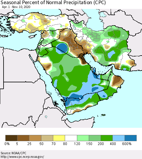 Middle East and Turkey Seasonal Percent of Normal Precipitation (CPC) Thematic Map For 4/1/2020 - 11/10/2020