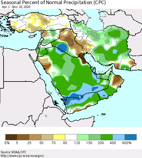 Middle East and Turkey Seasonal Percent of Normal Precipitation (CPC) Thematic Map For 4/1/2020 - 11/20/2020