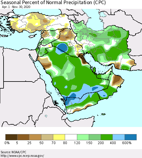Middle East and Turkey Seasonal Percent of Normal Precipitation (CPC) Thematic Map For 4/1/2020 - 11/30/2020