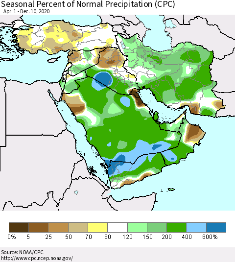 Middle East and Turkey Seasonal Percent of Normal Precipitation (CPC) Thematic Map For 4/1/2020 - 12/10/2020