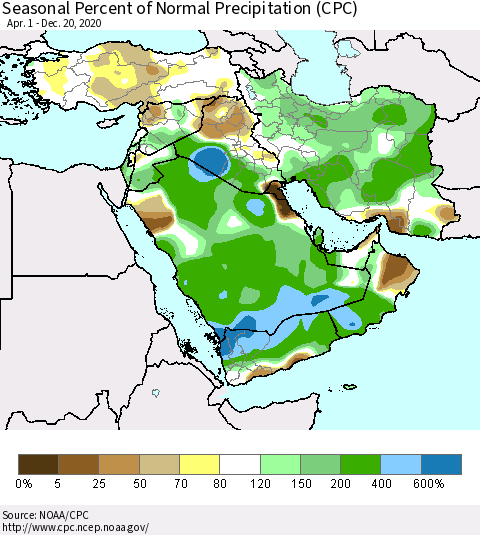Middle East and Turkey Seasonal Percent of Normal Precipitation (CPC) Thematic Map For 4/1/2020 - 12/20/2020