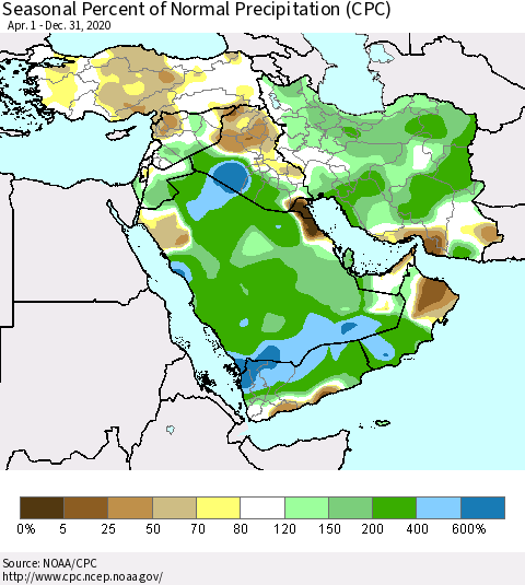 Middle East and Turkey Seasonal Percent of Normal Precipitation (CPC) Thematic Map For 4/1/2020 - 12/31/2020