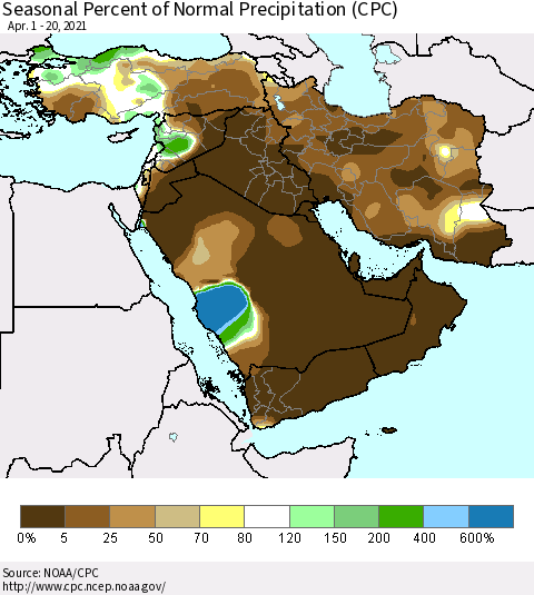 Middle East and Turkey Seasonal Percent of Normal Precipitation (CPC) Thematic Map For 4/1/2021 - 4/20/2021