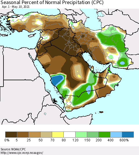 Middle East and Turkey Seasonal Percent of Normal Precipitation (CPC) Thematic Map For 4/1/2021 - 5/10/2021