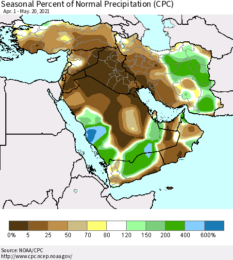 Middle East and Turkey Seasonal Percent of Normal Precipitation (CPC) Thematic Map For 4/1/2021 - 5/20/2021