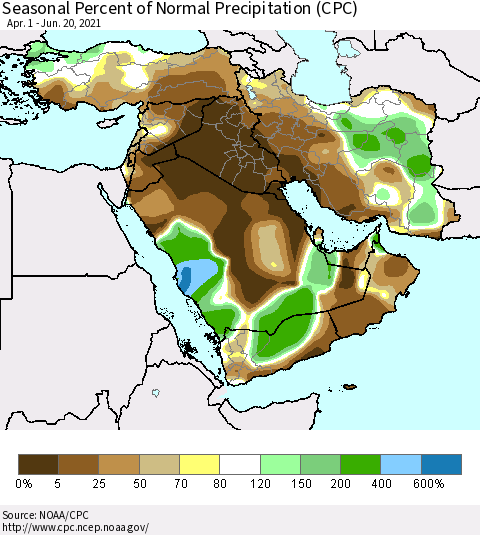 Middle East and Turkey Seasonal Percent of Normal Precipitation (CPC) Thematic Map For 4/1/2021 - 6/20/2021
