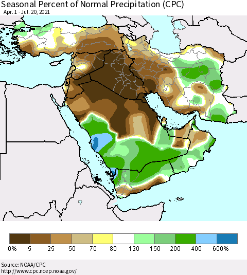 Middle East and Turkey Seasonal Percent of Normal Precipitation (CPC) Thematic Map For 4/1/2021 - 7/20/2021