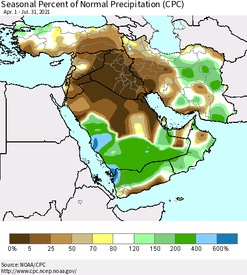 Middle East and Turkey Seasonal Percent of Normal Precipitation (CPC) Thematic Map For 4/1/2021 - 7/31/2021