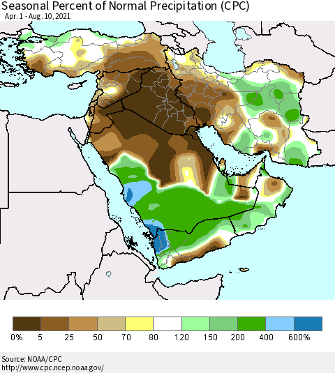 Middle East and Turkey Seasonal Percent of Normal Precipitation (CPC) Thematic Map For 4/1/2021 - 8/10/2021