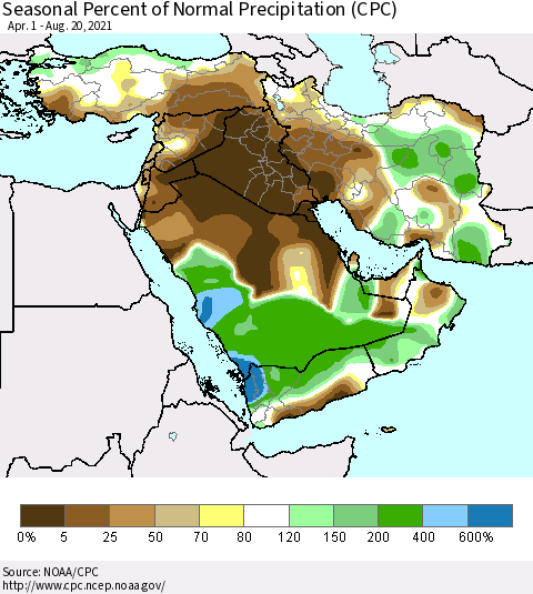 Middle East and Turkey Seasonal Percent of Normal Precipitation (CPC) Thematic Map For 4/1/2021 - 8/20/2021