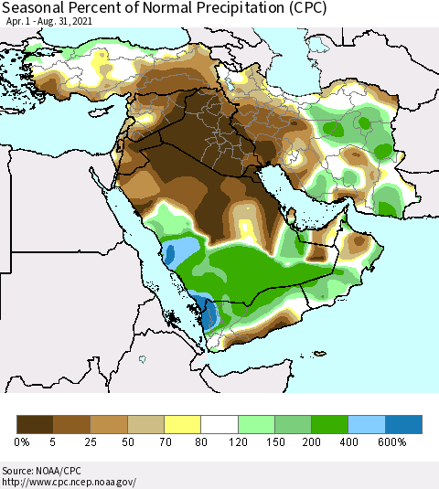Middle East and Turkey Seasonal Percent of Normal Precipitation (CPC) Thematic Map For 4/1/2021 - 8/31/2021