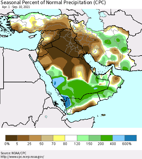 Middle East and Turkey Seasonal Percent of Normal Precipitation (CPC) Thematic Map For 4/1/2021 - 9/10/2021