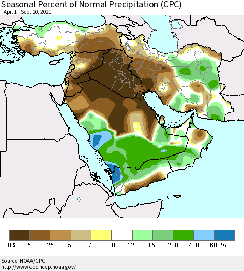 Middle East and Turkey Seasonal Percent of Normal Precipitation (CPC) Thematic Map For 4/1/2021 - 9/20/2021
