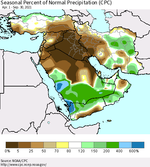 Middle East and Turkey Seasonal Percent of Normal Precipitation (CPC) Thematic Map For 4/1/2021 - 9/30/2021