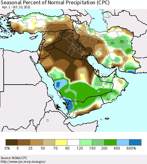 Middle East and Turkey Seasonal Percent of Normal Precipitation (CPC) Thematic Map For 4/1/2021 - 10/10/2021