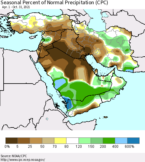 Middle East and Turkey Seasonal Percent of Normal Precipitation (CPC) Thematic Map For 4/1/2021 - 10/31/2021