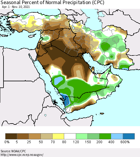 Middle East and Turkey Seasonal Percent of Normal Precipitation (CPC) Thematic Map For 4/1/2021 - 11/10/2021