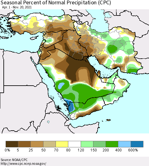 Middle East and Turkey Seasonal Percent of Normal Precipitation (CPC) Thematic Map For 4/1/2021 - 11/20/2021
