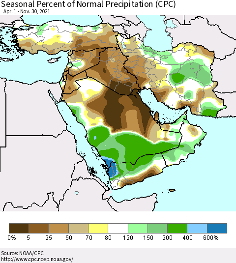 Middle East and Turkey Seasonal Percent of Normal Precipitation (CPC) Thematic Map For 4/1/2021 - 11/30/2021